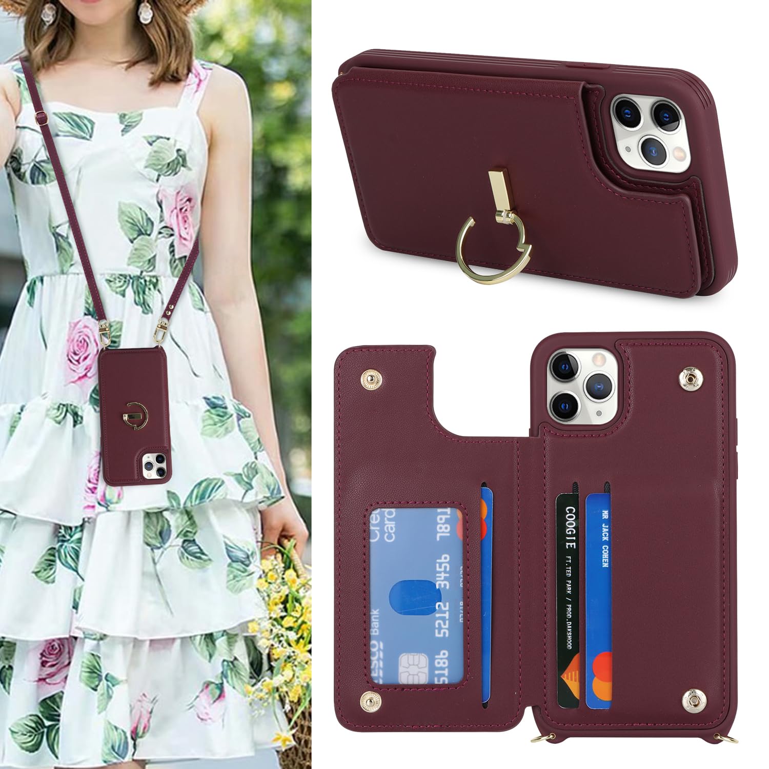SailorTech iPhone 11 Pro Case with Card Holder, Leather Case with Ring Stand, Kickstand, Card Slots - Burgundy — image 1