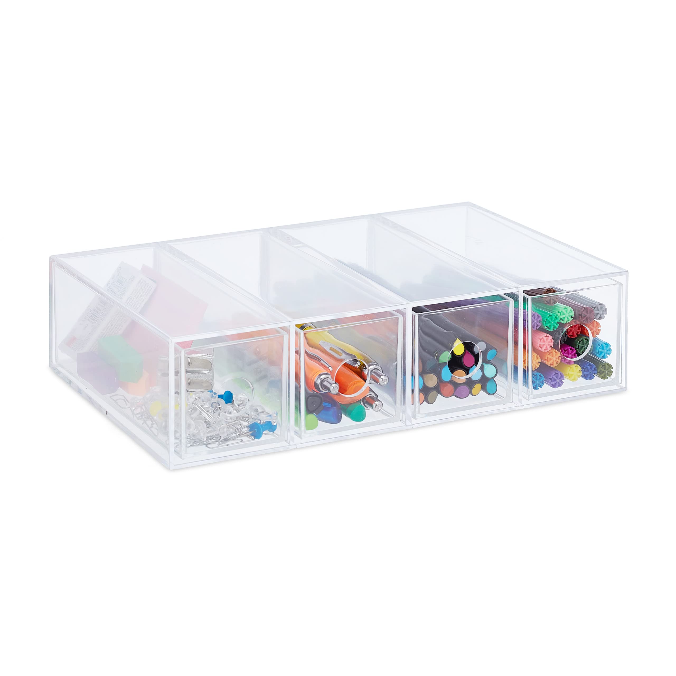 Relaxdays Plastic Organiser Box, Four Drawers, Acrylic, Extra Storage, Compartments, HxWxD: 6x25x17.5 cm, Transparent