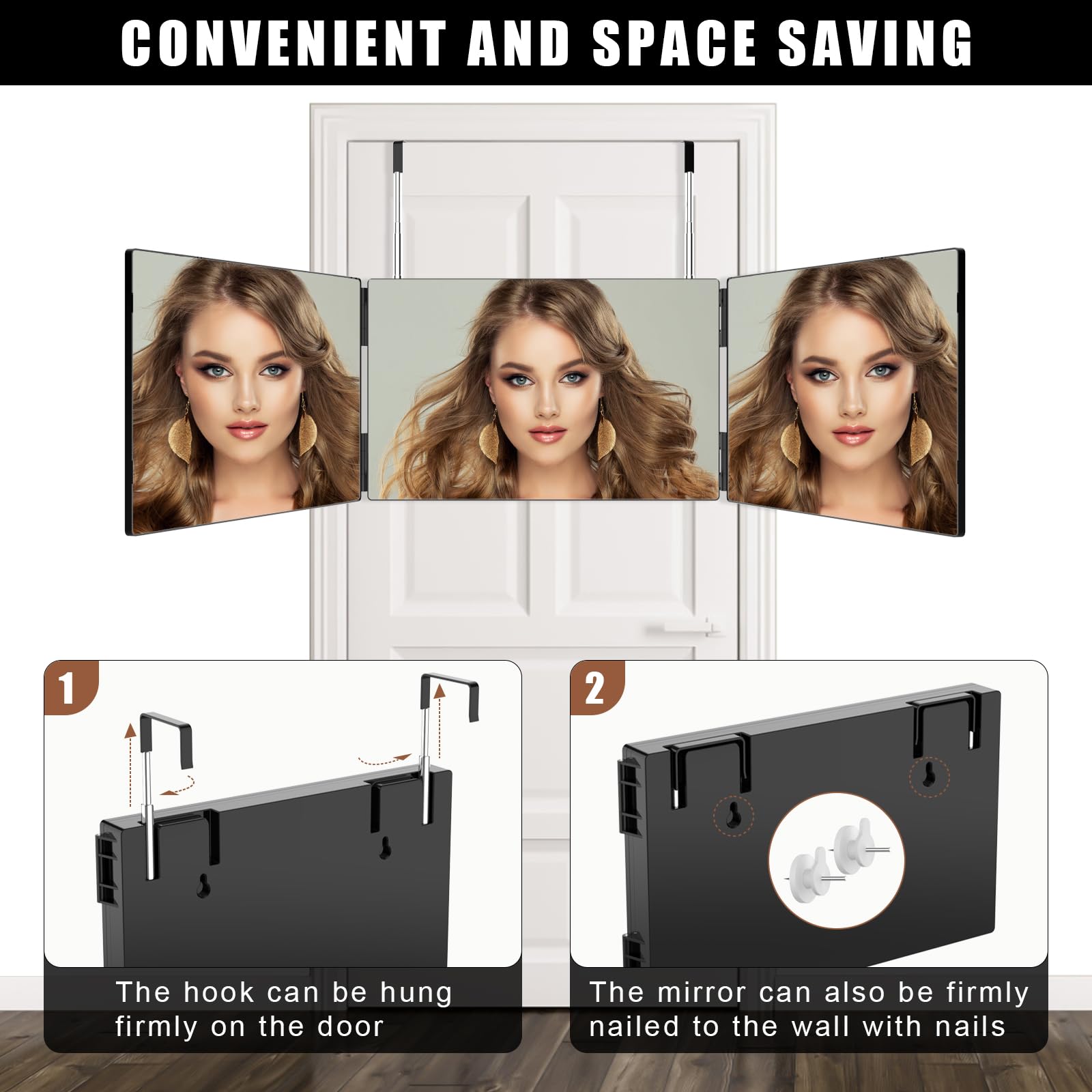 OLIBUY 3 Way Mirror for Hair Cutting, Three Way Mirror for Shaver and Makeup, Height Adjustable with Two Hold Nails, 360 Viewing Angle, Clear Anti-Fog HD Glass