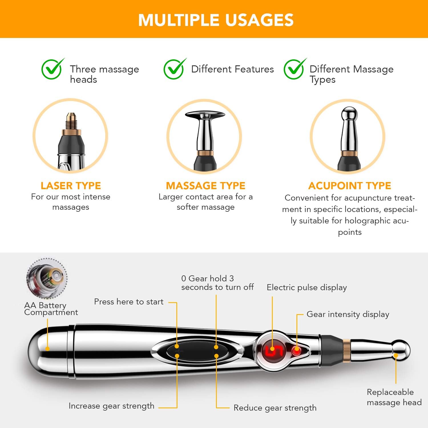 Acupuncture Pen, Electronic Acupuncture Pen for Pain Relief Therapy, Powerful Meridian Energy Pen Relief Pain Tools (3 Heads): Health & Personal Care