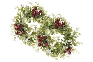 ROMISBABA 2pcs Berry Candle Rings with Eucalyptus Leaves Small Tea Light Wreaths for Table Decor Festive Xmas