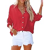AISEW Womens Button Down V Neck Collared Shirts Dressy Casual Long Sleeve Roll Up Blouses Loose Cover Ups Tunic Tops