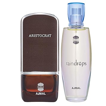 Ajmal Aristocrat EDP Citrus Woody Perfume 75ml for Men and Raindrops EDP Floral Chypre Perfume 50ml for Women + 2 Parfum Testers FREE
