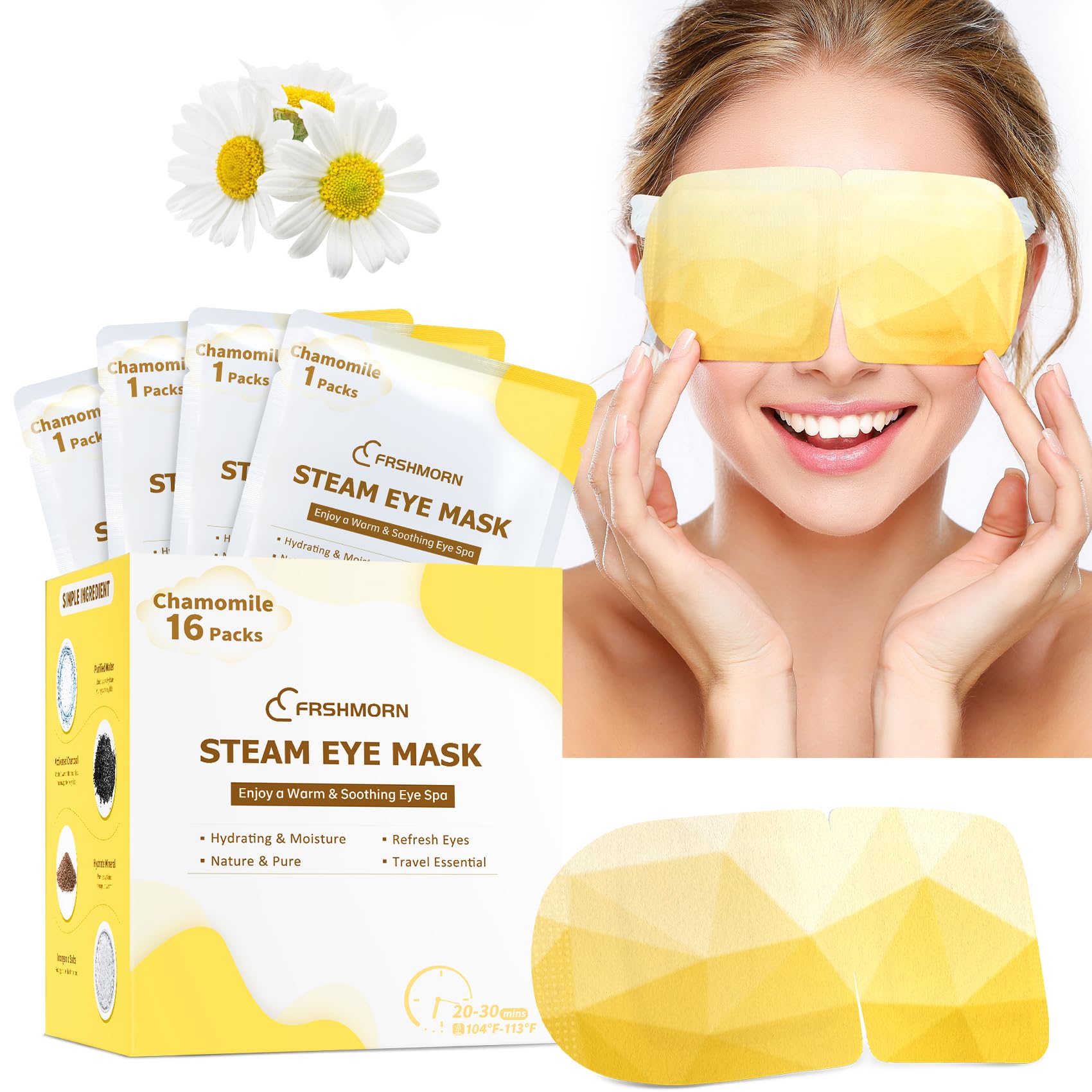 Photo 1 of ***FACTORY SEALED***FRSHMORN 16 Packs Steam Eye Mask, Heated Eye Mask for Sleeping, Warm Compress for Eyes, Self Heating Disposal Steam Mask for Home Sleep, Office, Spa, Travel Essentials Stocking Stuffers (Chamomile)