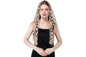 Lystaii Triangle Lace Mantilla Veil with Tassel Tulle Scarf Shawl Cathedral Head Covering Floral Chapel Veil for Mass Wedding