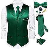 Dubulle Mens Satin Vest and Tie Solid Suit Waistcoat and Pre-tied Bowtie Set for Men Lapel Pin Wedding Party