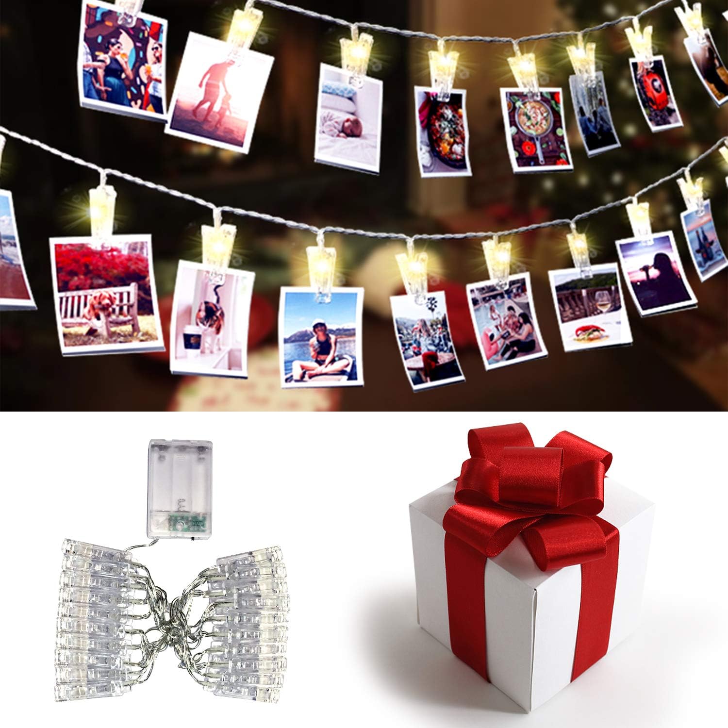 LED Photo Clip String Lights Holder - 20 LEDs 9.8Ft Battery Powered Fairy String Light Starry Twinkle Strand Lights Micro Leds for Hanging Pictures Christmas Cards, Home Indoor Outdoor Christmas Decor