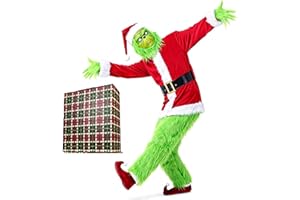 casapre Santa Costume Adult.Christmas Costume 7pcs Suit With Green Monster Mask and Red Hat.Christmas Gift Box Packaging