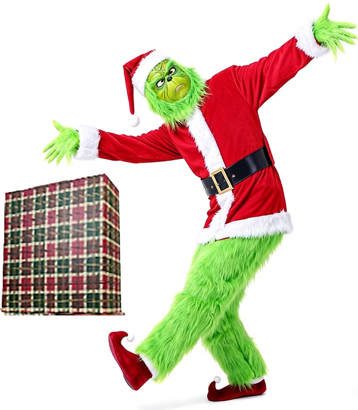 Photo 1 of Santa Costume Adult.Christmas Costume 7pcs Suit With Green Monster Mask and Red Hat.Christmas Gift Box Packaging