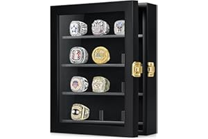 TJ.MOREE Championship Ring Display Case, 12 Ring Posts Baseball Ring Display Case, 8 x 10 Wall Mount Wooden Glass Shadow Box - Black