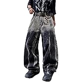 DFGIGT Men's Baggy Jeans Patchwork Embroidery Jeans Fringe Frayed Edges Wide Leg Denim Pants