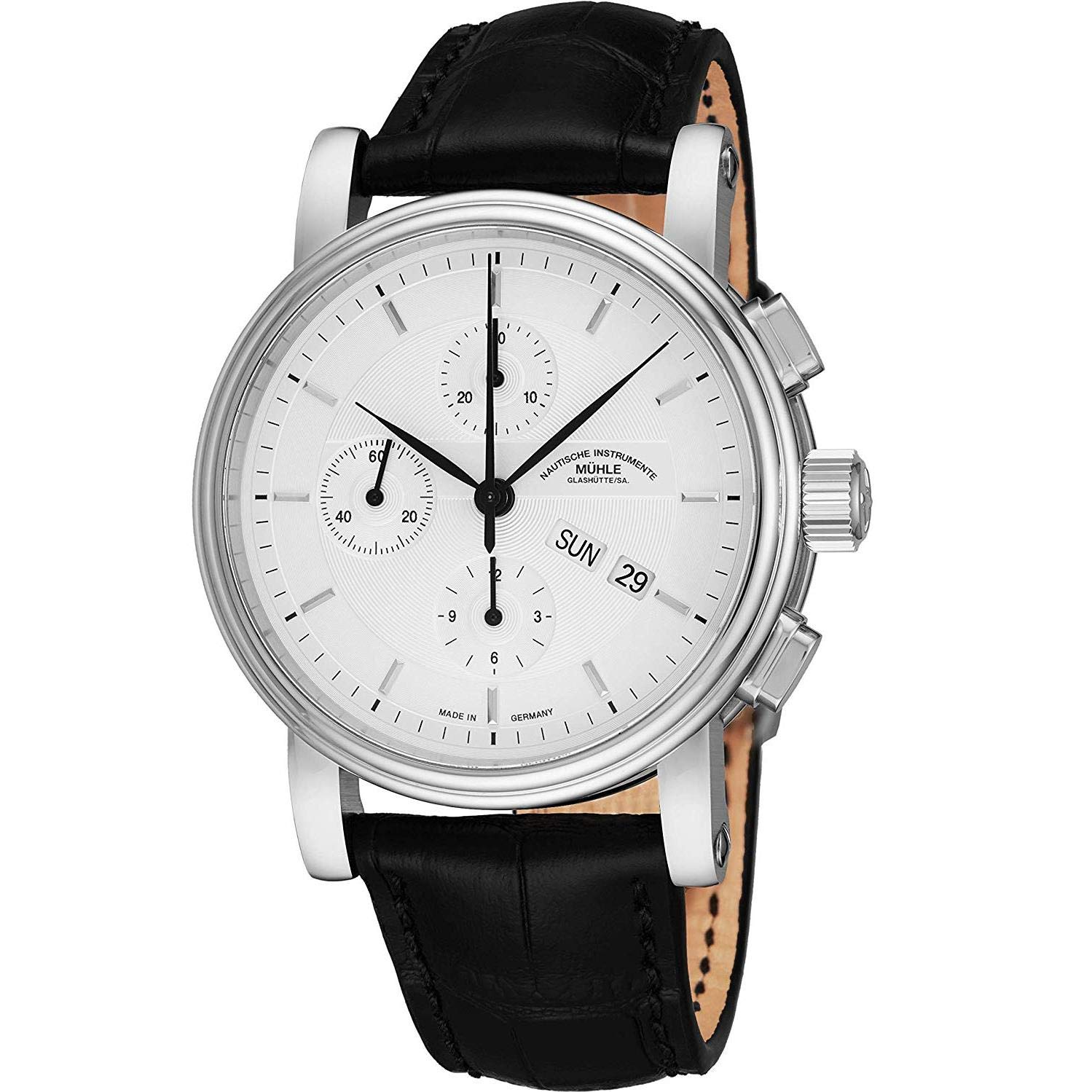 Muhle Glashutte Teutonia II Chronograph Mens Automatic Watch - Silver Face with Day Date and Sapphir