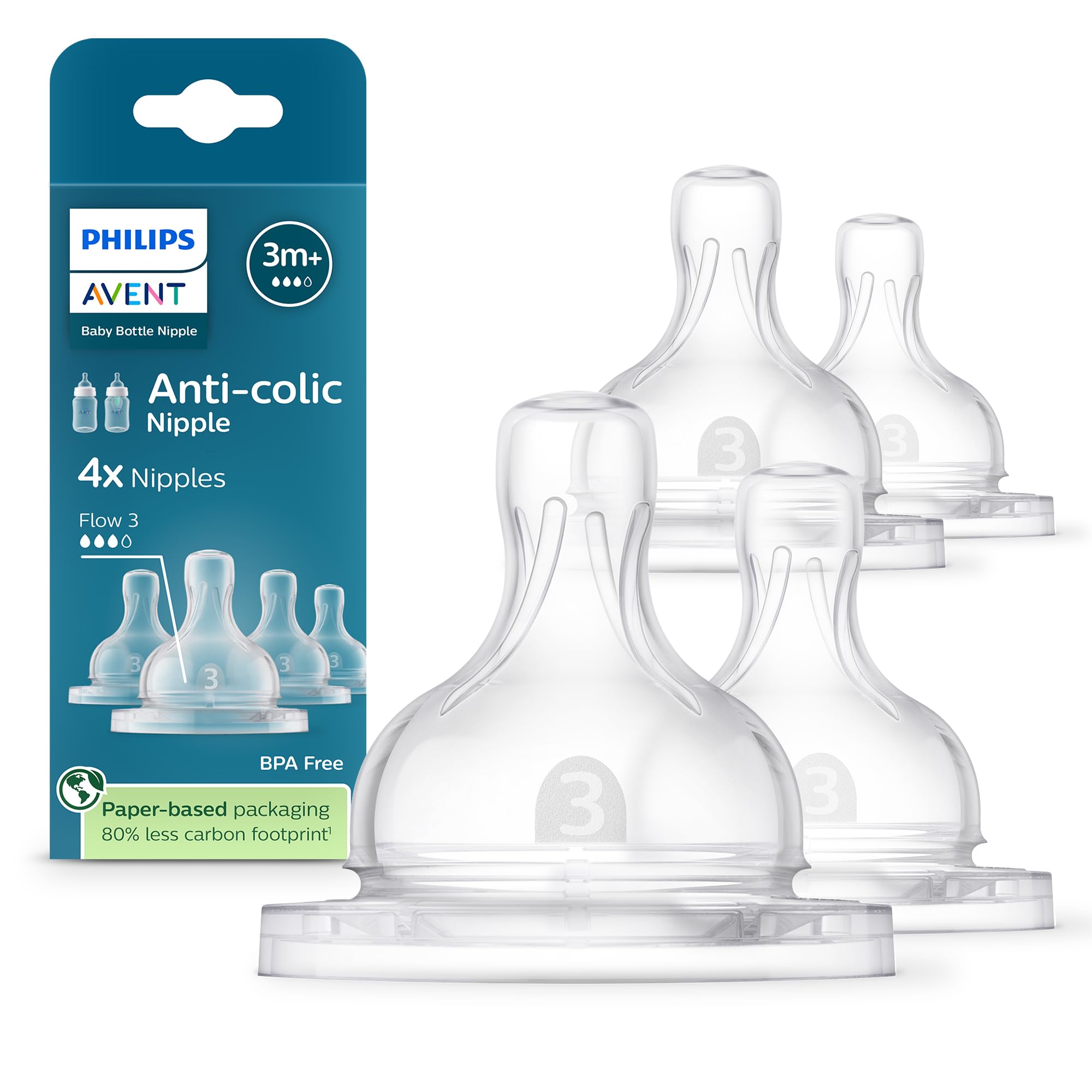 Photo 1 of Philips Avent Anti-Colic Nipples - Flow 3, 4-Pack, SCY763/44