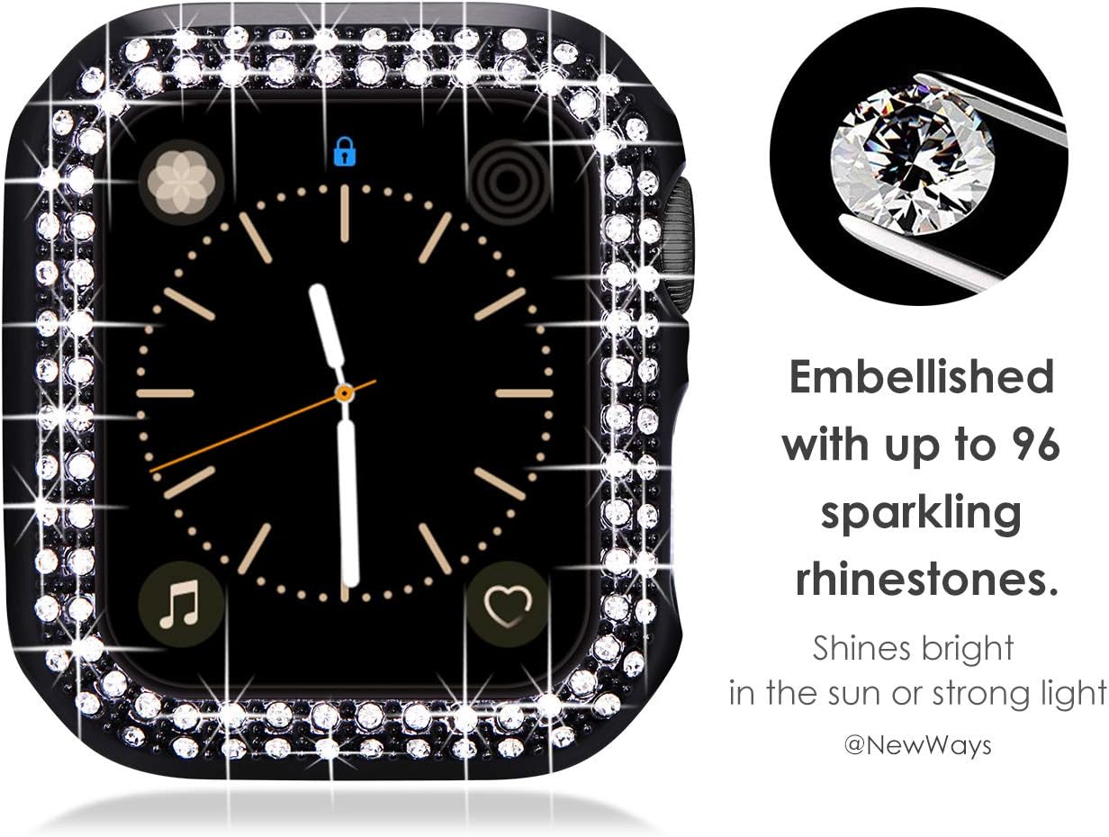 NewWays 2-pack Women Bling Case Compatible with Apple Watch 44mm Series 6/5/4/SE(2025-2020) Without Protective Film,Overall Protective Bumper Diamond Cases for iWatch 44mm(Black+Clear) - Image 3
