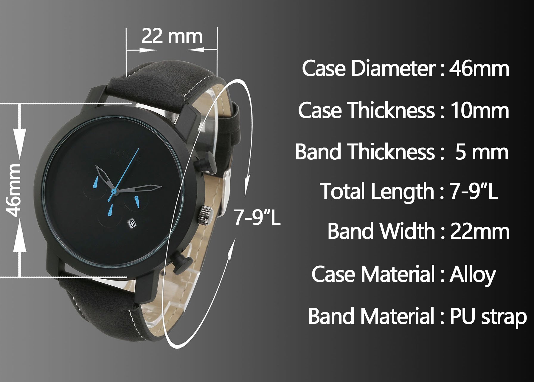 JSDDE Uhren,Sport Armbanduhr DREI unecht Chronograph 3ATM Wasserdicht Kalender Analog Quarz Uhr Echtleder Armband,schwarz