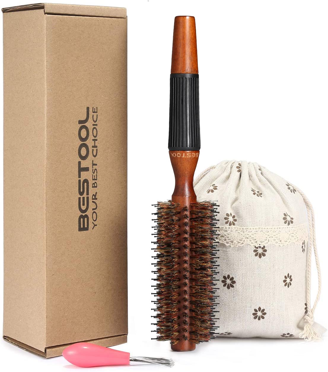 BESTOOL Round Brush for Blow Drying, Boar Bristle Round Hair Brush with Wooden Barrel, Large Styling Brush for Women & Men, Straightening, Curling, Adding Shine or Volume (2 inch)