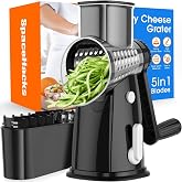 Rotary Cheese Grater Hand Crank, 5-in-1 Vegetable Chopper Spiralizer Slicer | Shredder with 5 Interchangeable Blades for Vegetable, Cheese, Fruit, with Blades Storage Box &amp; Stable Suction Base (Black)