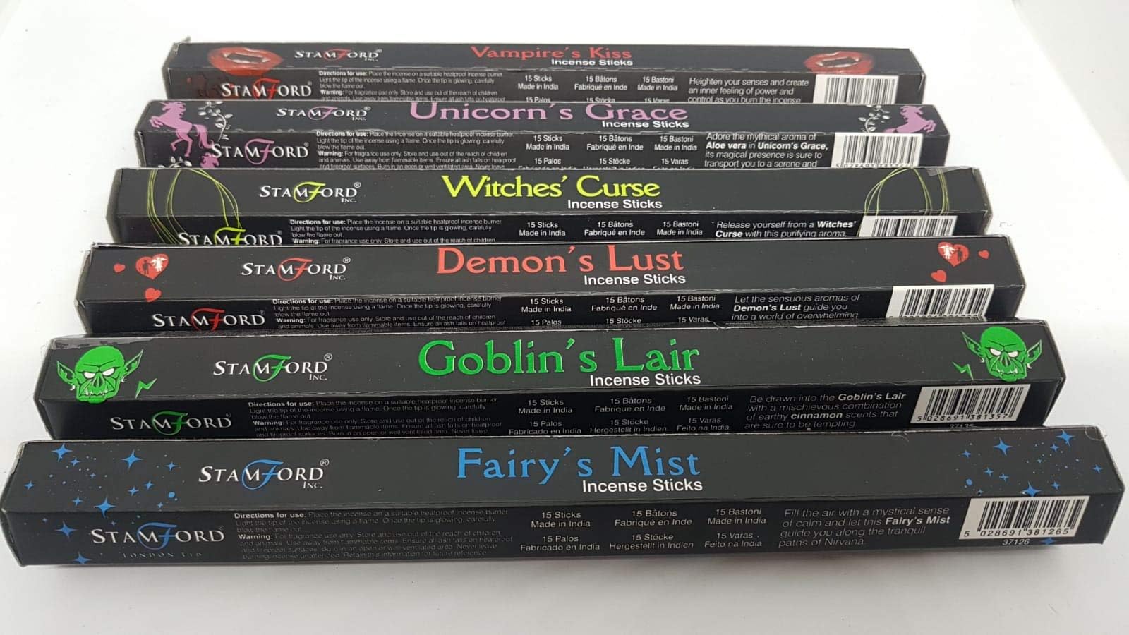 Mixed 6 Pack Stamford Incense Sticks One Box Each Fragrance: Vampire's kiss, Unicorn's Grace, Witche's curse, Demon's Lust, Goblin's Lair, Fairy's mist