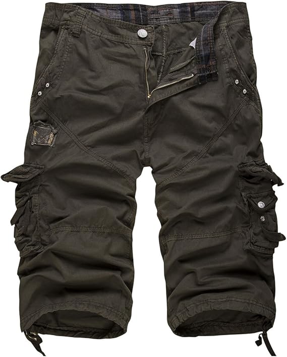 LANMWORN Men's 3/4 Length Loose MultiPockets Washed Cropped Cargo