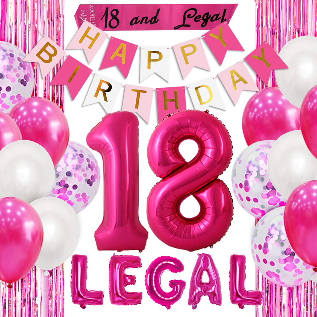 Kreatwow 18th Birthday Decorations Girl Hot Pink Number 18 Balloons Happy 18th Birthday Balloon Banner for Eighteenth Party Supplies