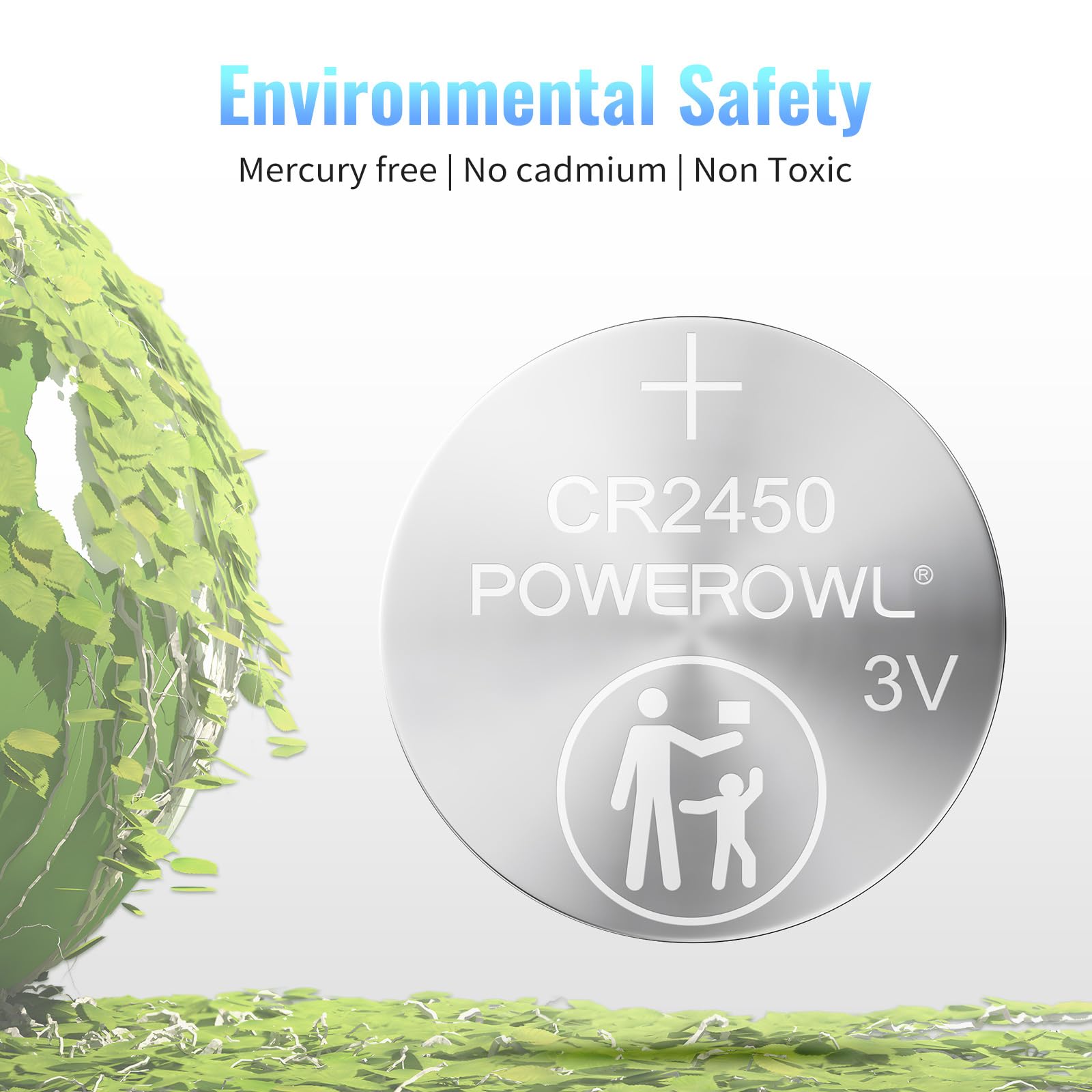POWEROWL High Capacity CR2450 Battery, 10 Years Leak-Free, Long Lasting Power, CR 2450 3v Lithium Coin & Button Cell Batteries -Qty 6