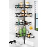HAMITOR Shower Caddy Tension Pole: Corner Bathroom Organizer for Renters | L-shaped 4-Tier Baskets with Soap Holder &amp; Hooks for Small Space, No Drilling Adjustable Storage Rack for Family, 47-123inch