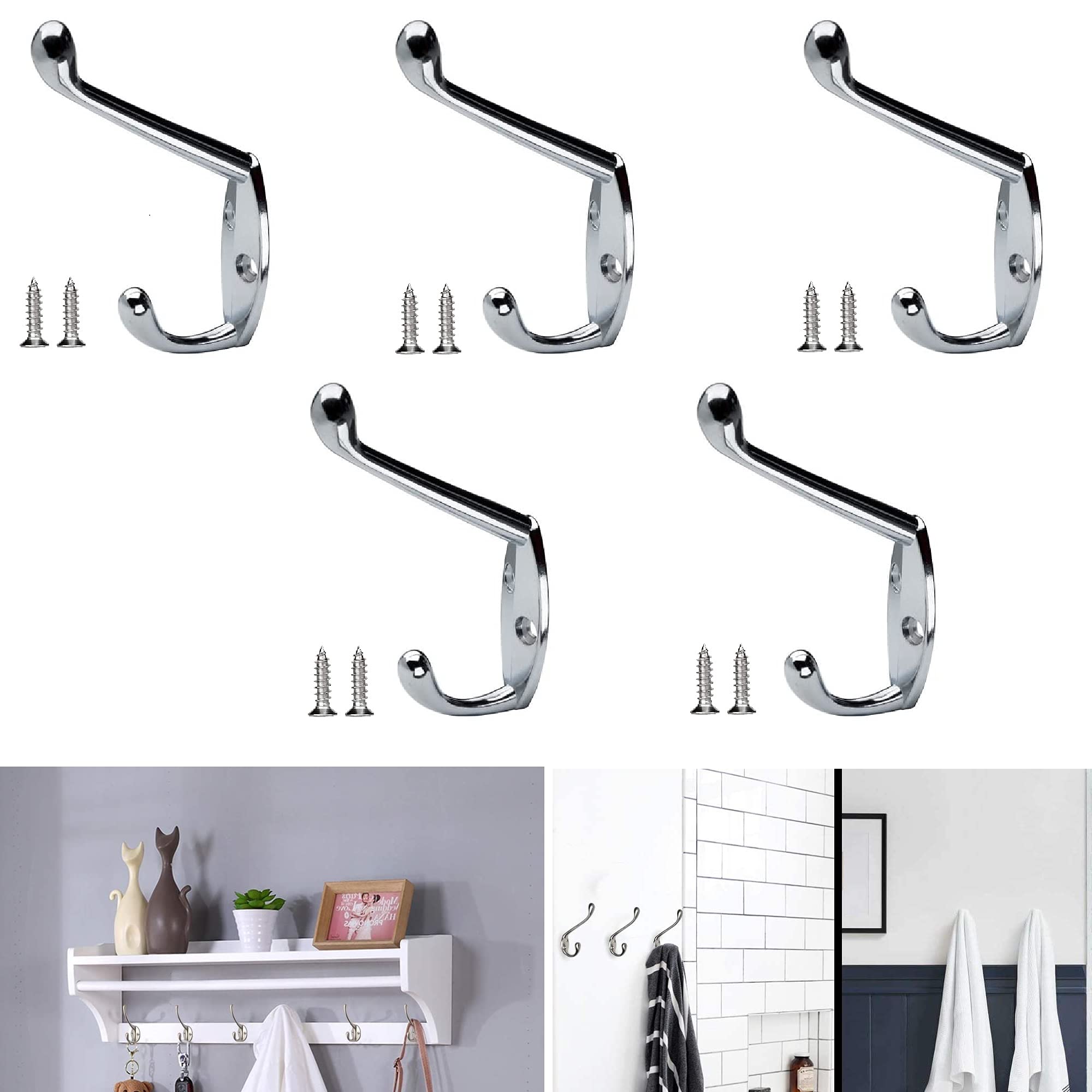 TERF® Polished Chrome Double Wall Mounted & Door Hat Coat Robe Hooks for Bathroom Bedroom Kitchen Office Door Hooks with Fixing Screw - Pack of 5