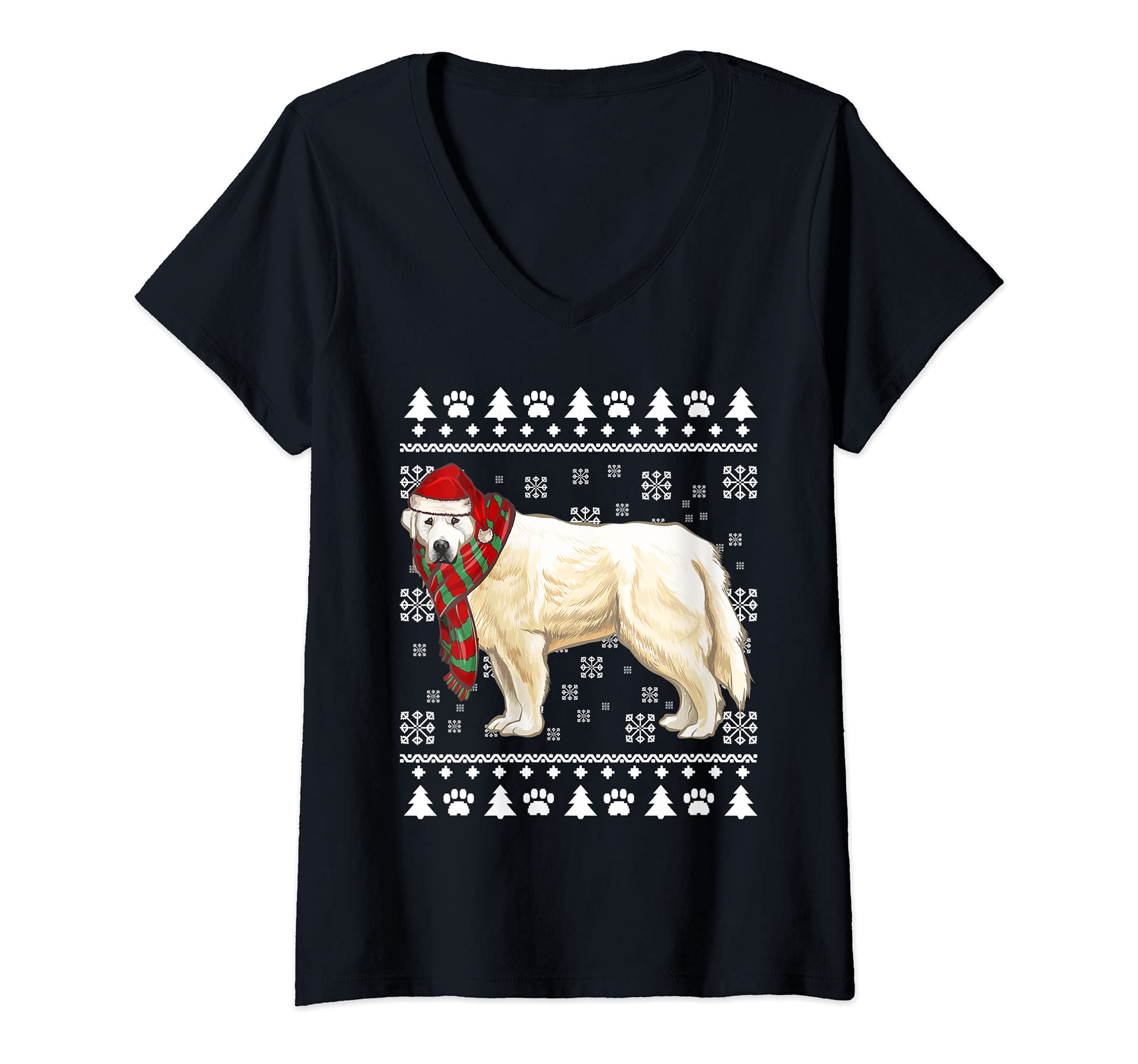 Womens Great Pyrenee Dog Santa Hat Xmas Ugly Christmas V-Neck T-Shirt