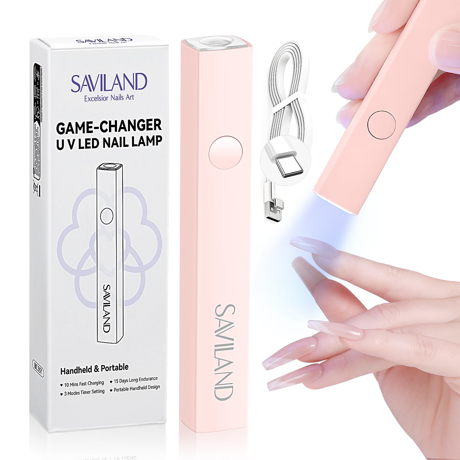 SAVILAND U V Light for Gel Nails 10s Ultra-Fast Curing: U V Nail Lamp 2025 Handheld LED Nail Lamp 180mAh Rechargeable Cordless Nail U V Light 20s/60s Dual Timers for Gel Polish 3D Nail Art Pink