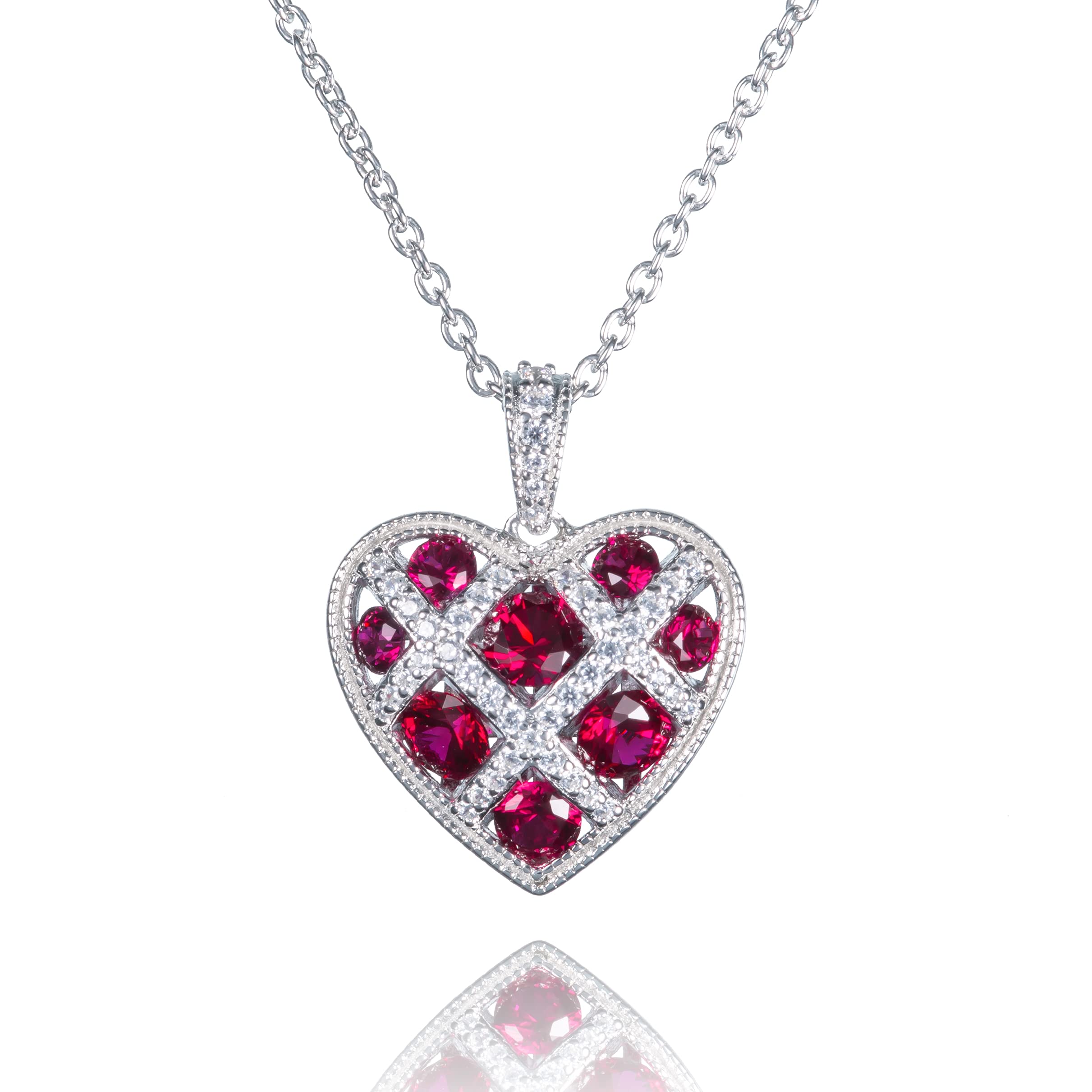 Namana Lattice Red Heart Necklace for Women. 925 Sterling Silver Necklaces for Women with Ruby Red Stones and White Cubic Zirconia. Ruby Red Heart Pendant Necklace for Women with Gift Box