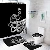 ArtSocket Bathroom Sets with Shower Curtain and Rugs, Set of 4, Octopus | Kraken Ocean Vintage Sea, Bathroom Decor Set with Toilet Lid Cover, Non-Slip Bath Mats and Accessories 12 Hooks