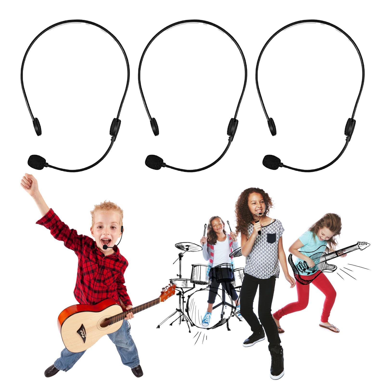 Tniytru Kids Microphone Headset 3-Pack - Adjustable Rockstar Costume Toy with Soft Ear Cushions, Pretend Play Props for Group Performance & Dress Up