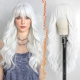 BARSDAR Long Wavy White Wig with Bangs - 26 Inch Long White Wigs for Women - Natural Looking Synthetic Hair Wavy Bangs Wig Halloween Cosplay Constume Wigs