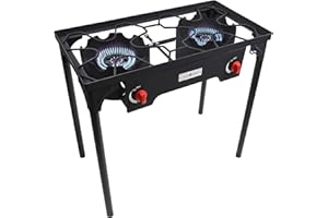 Gas One Propane Double Burner Two Burner Camp Stove Outdoor High Pressure Propane 2 Burner Adjustable PSI Regulator and 4ft Hose With Removable Legs