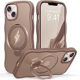 for iPhone 13 Case & iPhone 14 Case for Women,[Compatible with Magsafe][360° Spin Magnetic Stand][Cute Wave Edge][Military-Grade Protection]Translucent Matte Phone case for iPhone 13/14, Brown
