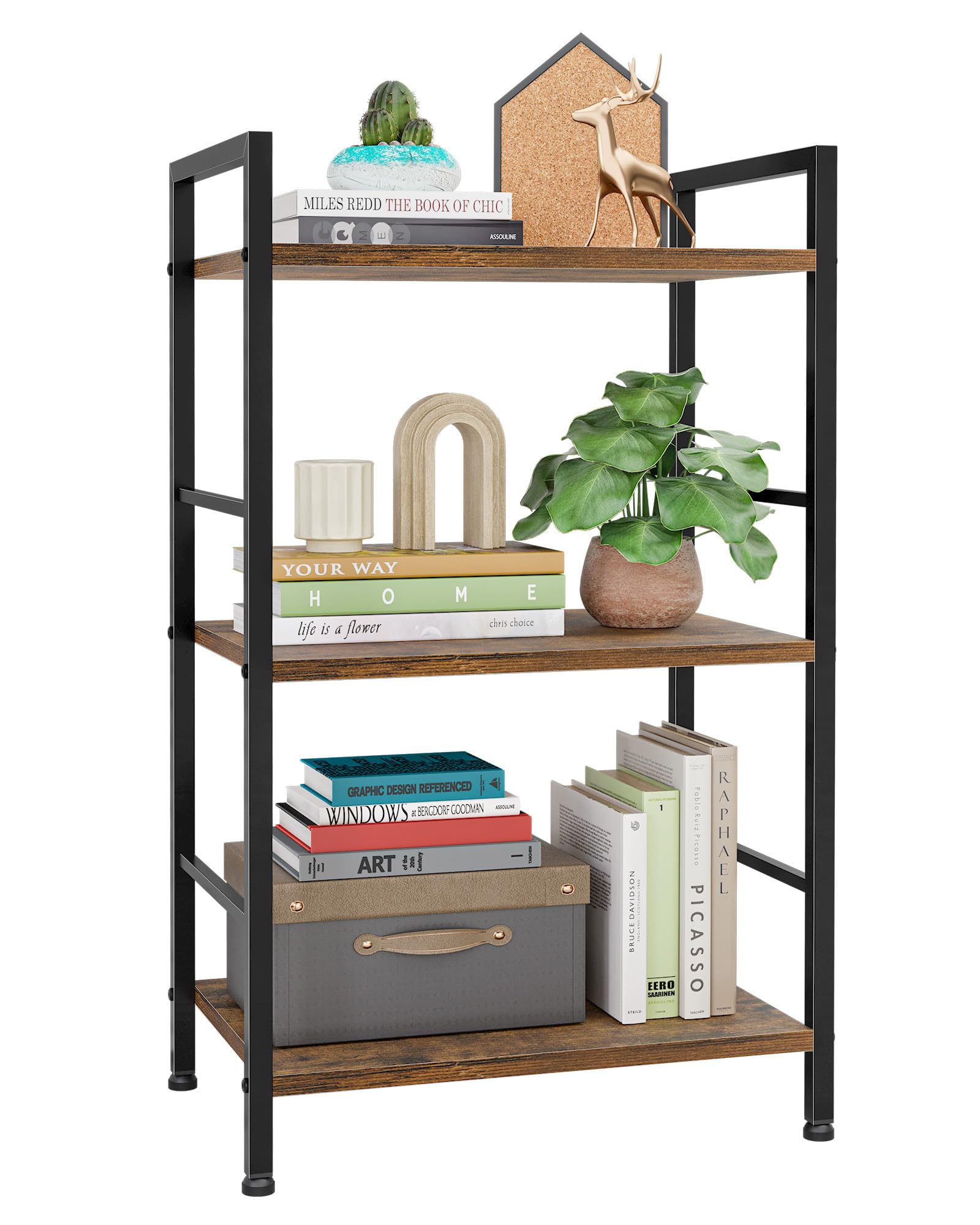 Photo 1 of Kitsure 3-Tier Book Shelf - Wood & Metal Bookshelf with Handle & Adjustable Feet, Lightweight Bookcase for Living Room, Bedroom, Kitchen, Office or Dorm (16.5"×11.0"×28.1")