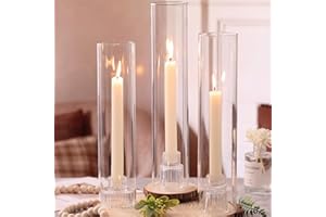 NITIME 3 Set Hurricane Glass Candle Holders for Taper Candles, Candlestick Holders with Windproof Glass Tubes(11.8"/12.6"/13.8" H), Taper Candle Holders for Table Centerpieces, Wedding, Party Decor