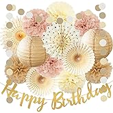 Champagne Gold Beige Birthday Decorations for Women Girls, Dusty Pink Party Decorations Cream Tissue Pom Poms Fans, Paper Lanterns, Anniversary Baby Shower Fall Boho Birthday Party Decoration