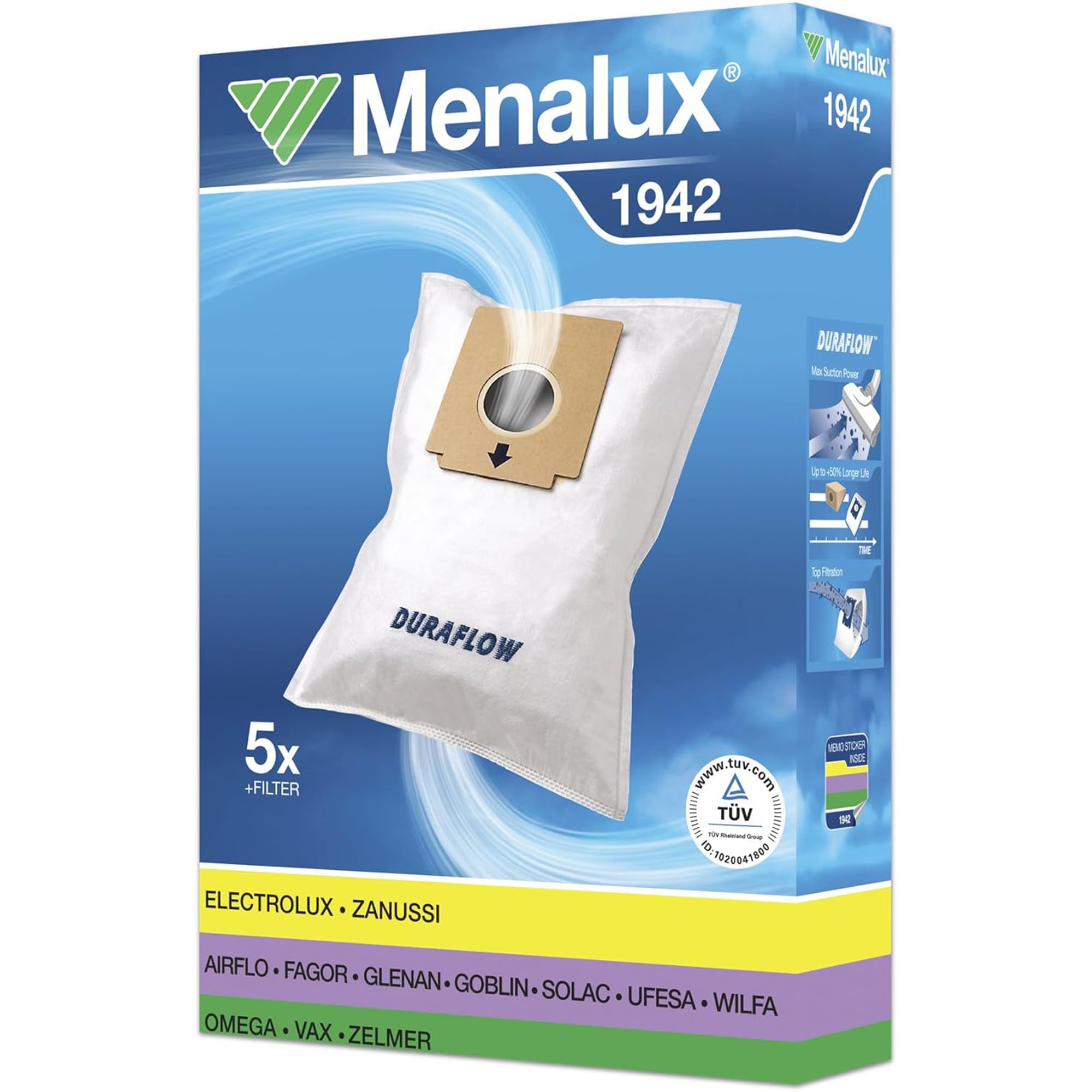 MENALUX 1942 – Pack of 5 Dust Bags + 1 Micro Filter, Duraflow Vacuum Cleaner Bags, Max Suction Power, Fits Zanussi ZAN3002, Genuine Zanussi Bags & Filters, Ref. 9001670778