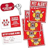 Pet Alert Fire Rescue Sticker - (4) 5" x 4" Window Door Decal - (2) Animal Care Wallet Cards - (1) Pet Home Alone Key Tag - in Case of Emergency Sign Kit - Safety Save Our Cat Dog Inside Accessories