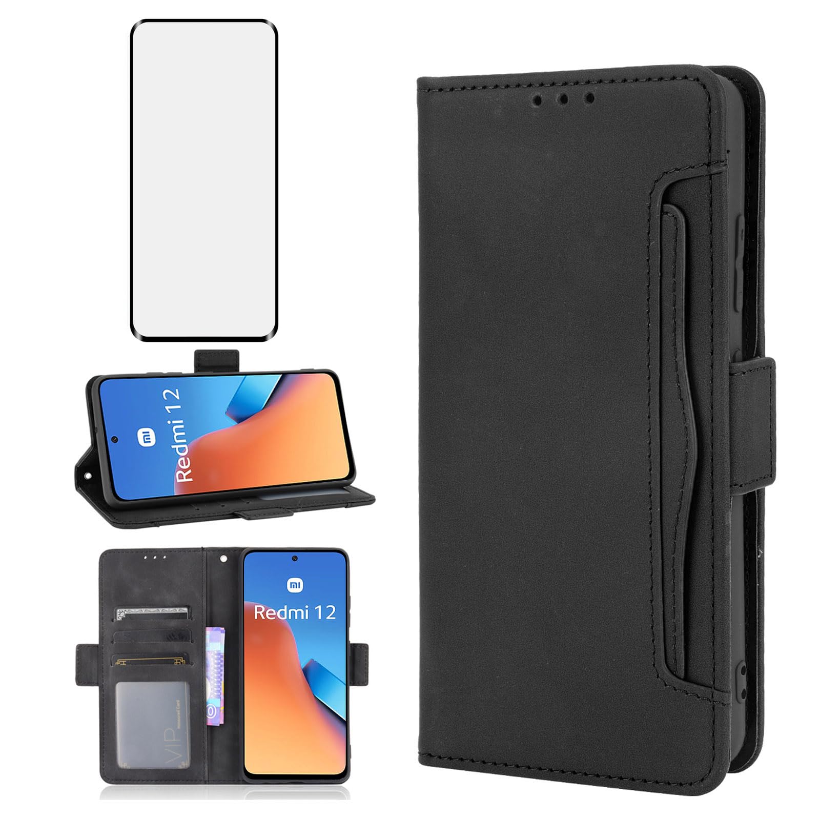 Asuwish Compatible with Xiaomi 12/12S/12X 5G Wallet Case and Tempered Glass Screen Protector Card Holder Stand Leather Flip Cell Accessories Phone Cover for Mi X12 Women Men Black