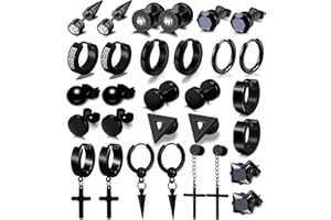 NUNPAG 15 Pairs Earrings for Men, Stainless Steel Earrings Stud Kit for Men Women Fashion Piercing Jewelry Cross Dangle Hoop Earrings Set
