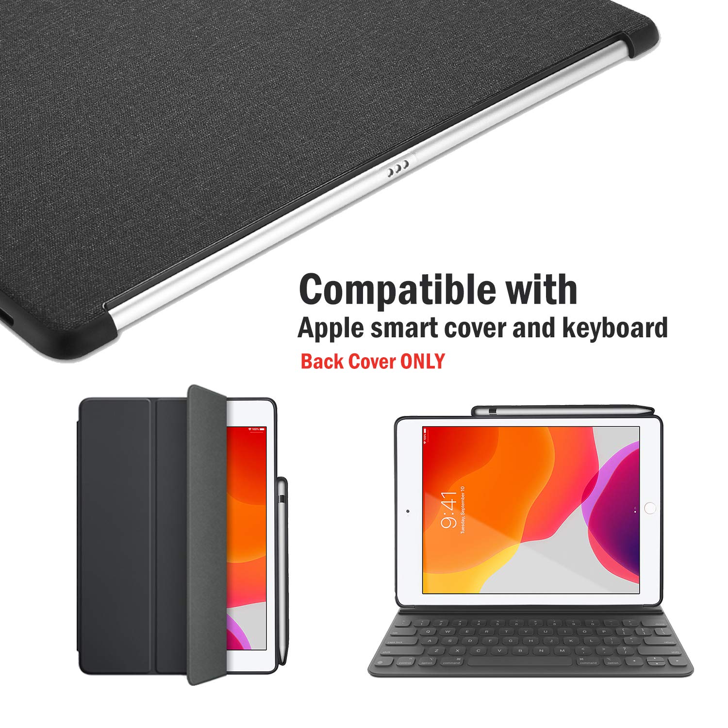 ProCase iPad 10.2 7th Generation Back Case with Pencil Holder, Companion Back Cover Protective Case for 2019 New Apple iPad 10.2 inch, Compatible with Apple Smart Keyboard and Smart Cover -Black