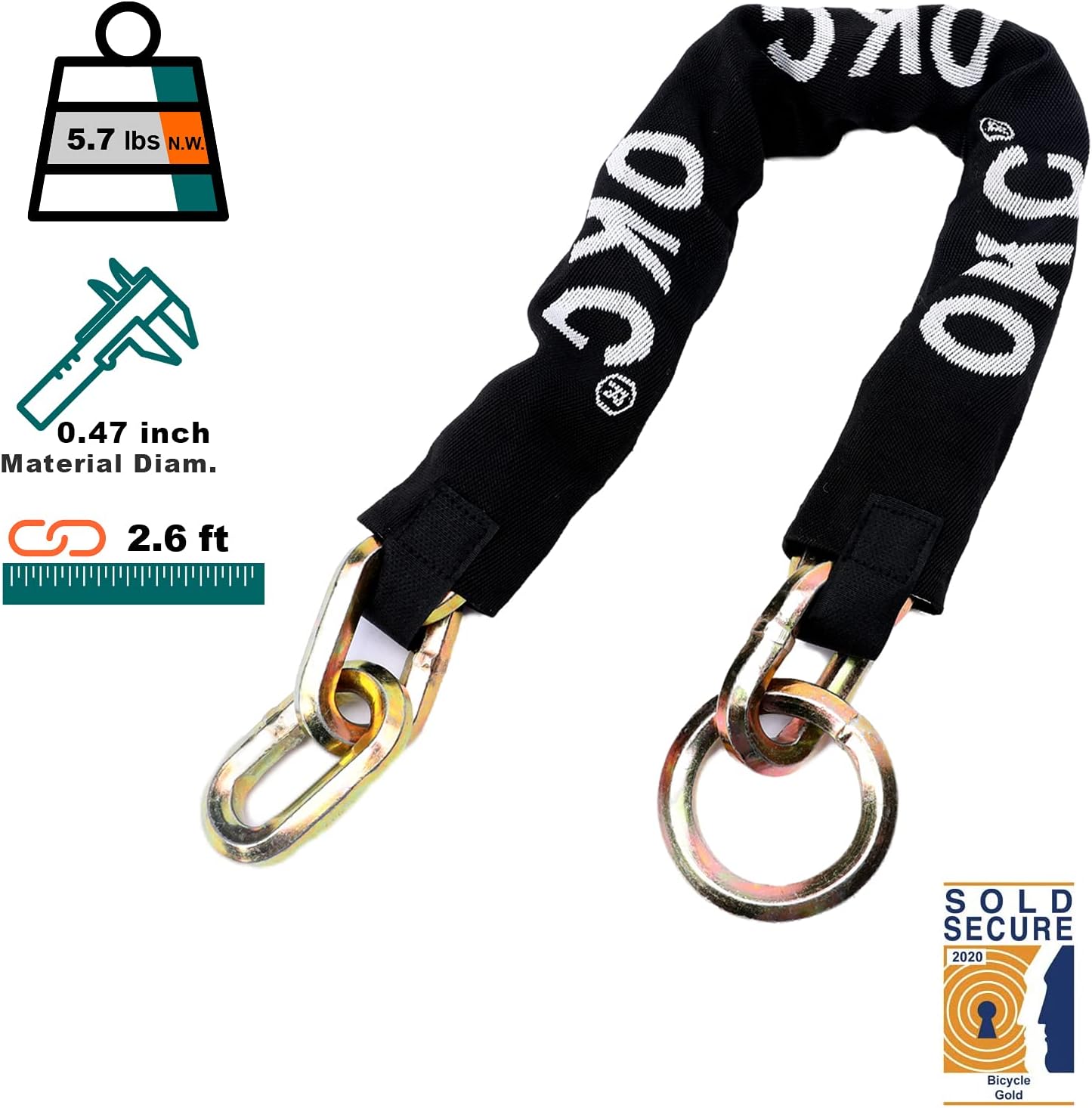 OKG Maximum Heavy Duty Security Chain and Lock Bike Chain 2.6 ft x 15/32 Inch Material Diameter Hexagonal Chain Link Ultra Protection(No Lock) - - 