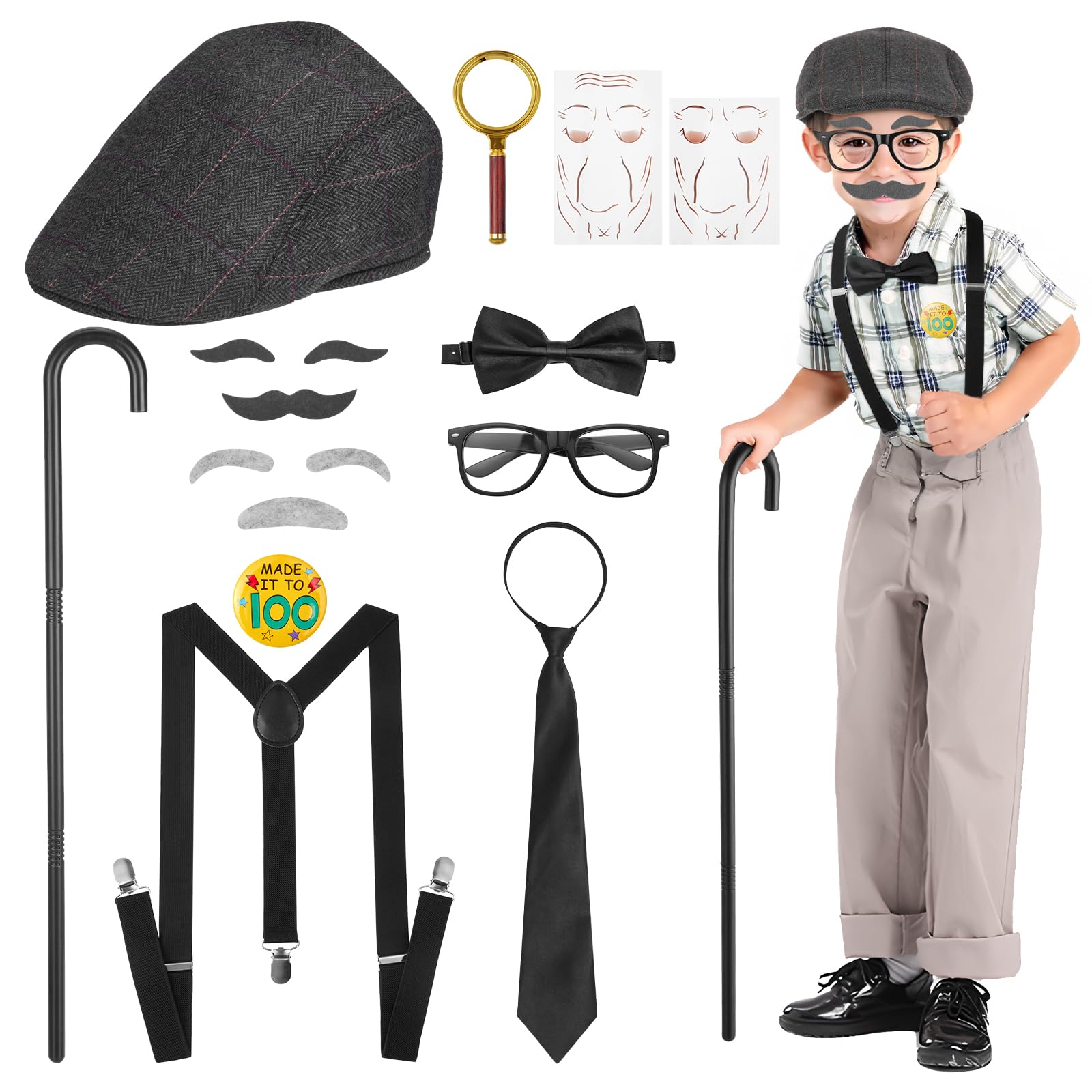 Photo 1 of **ONLY THE CANE,TIE, MOUSTACHE, AND BOW***Gleamkid Kids 100 Days of School Costume for Boys - Halloween Old Man Costume Hat Glasses and Grandpa Dress Up Set for Child1049142500
