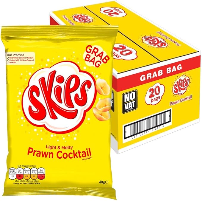 Skips Multipack Prawn Cocktail Crisps, Flavoured Fizzy, Light & Melty Tapioca Crisp Snacks, 20 x