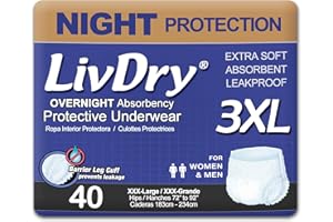 LivDry Adult Diapers, Incontinence Underwear, Overnight Max Absorbency Plus Leak Protection (XXX-Large (40 Count))