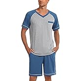 Marvmys Mens Short Sleeve Pajama Set 2 Piece Cotton Pjs Shorts Set Summer Sleepwear with Pockets