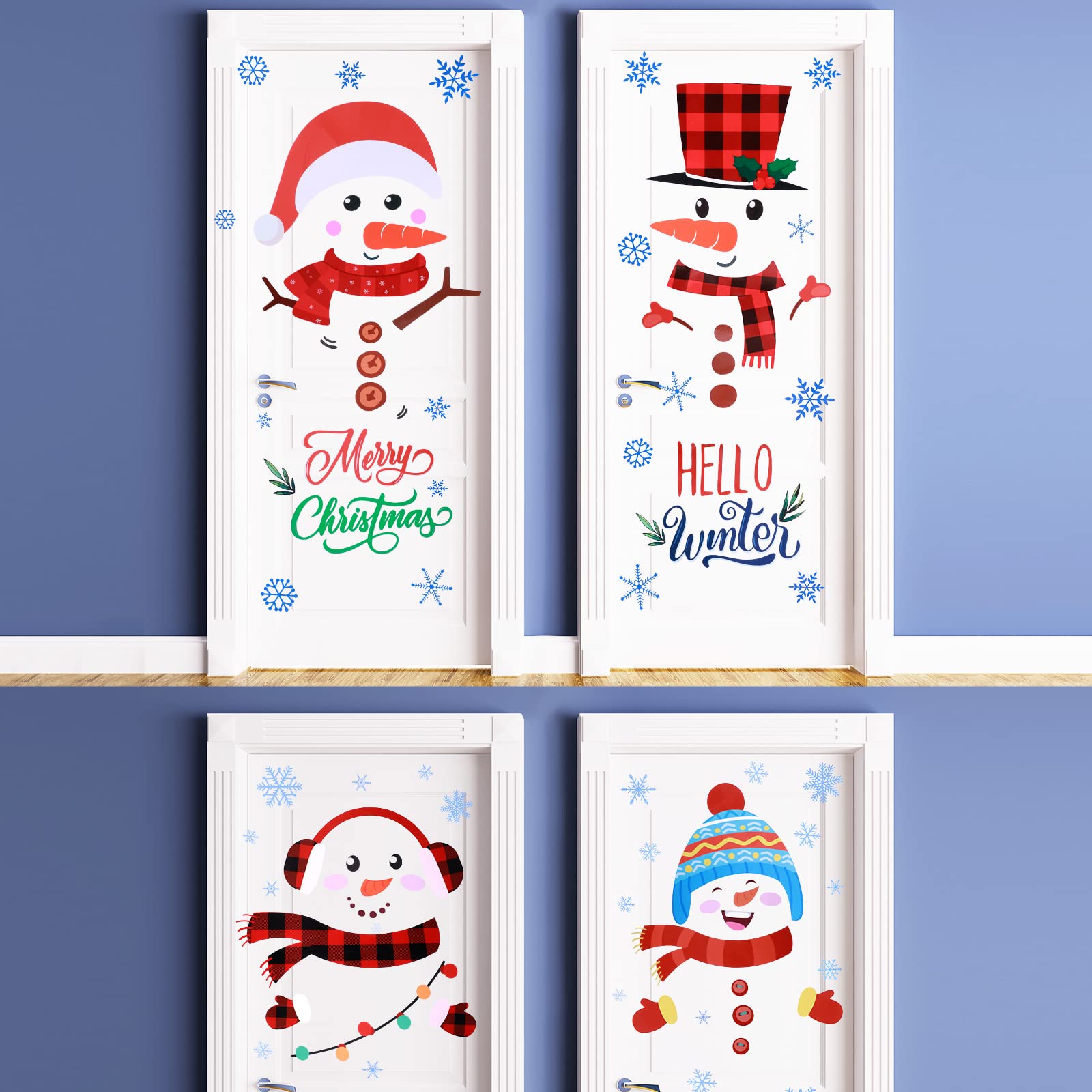 Nezyo 10 Sheets Christmas Door Window Stickers Large Snowman Xmas Door Decals Refrigerator Stickers Christmas Fridge Decorations Snowman Window Wall Decals with Snowflake