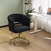 VINGLI Modern Curved Office &amp; Vanity Desk Chair, Cute Upholstered Nail Chair with Wheels &amp; 360&deg; Swivel &amp; Club &amp; Tilting &amp; Gold Base, for Bedroom, Living Room, Makeup, Velvet Chenille, Black